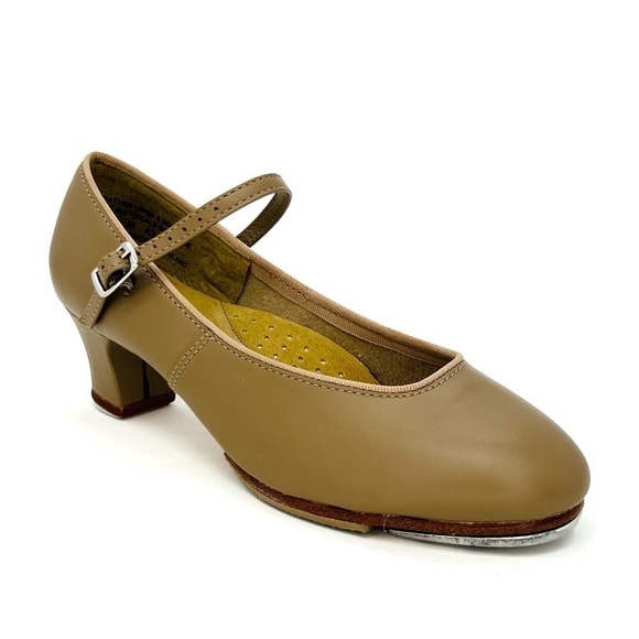 Capezio Heeled Tap Shoes Tap Jr. Footlight Caramel Tan Leather Size 5.5 New - Picture 1 of 12
